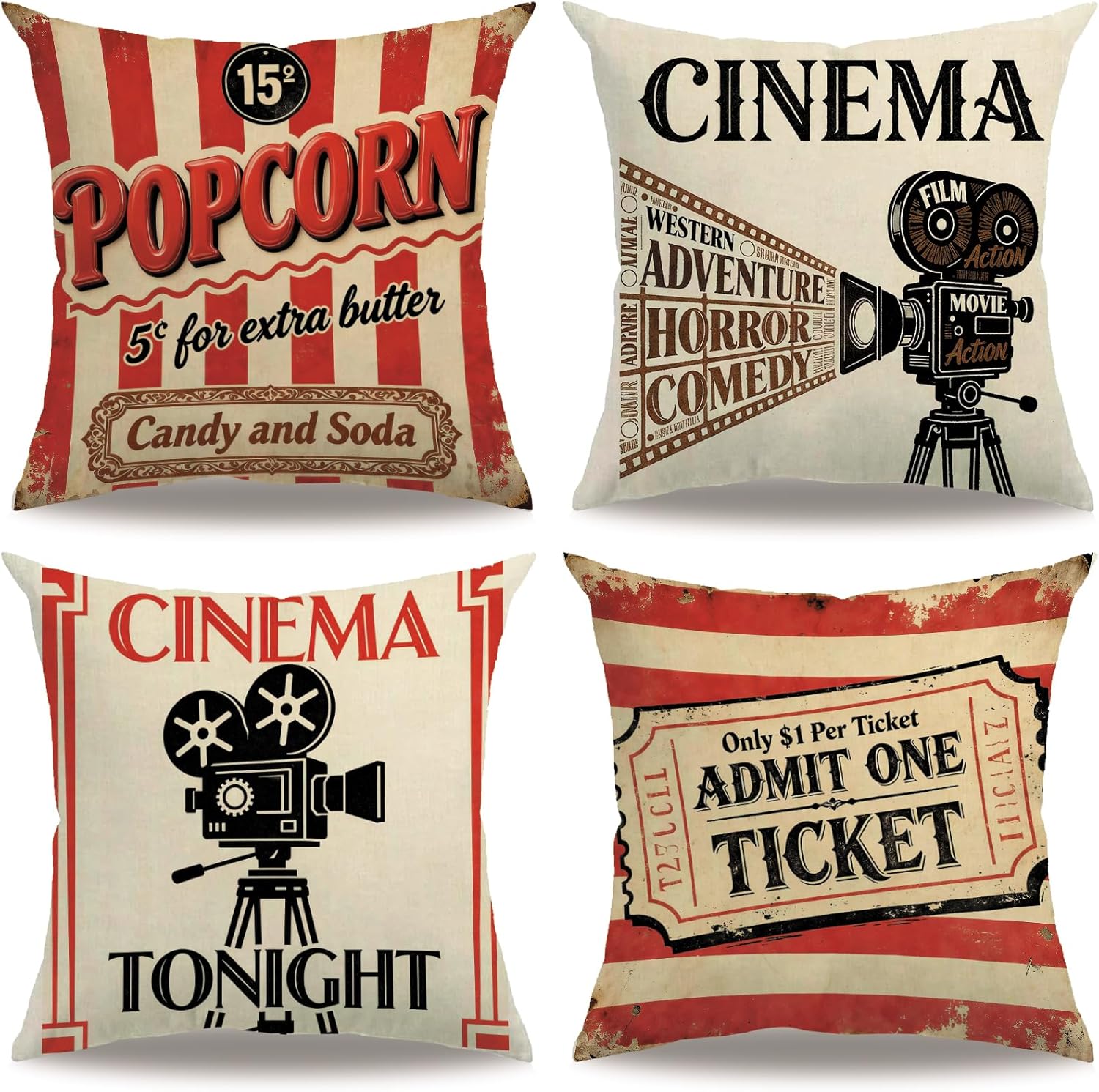 Home Cinema Tickets - 4Pcs Vintage Cinema Throw Pillow Covers