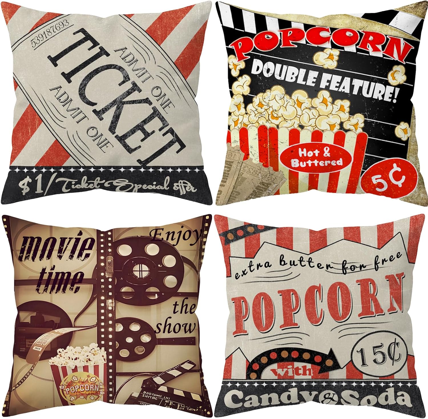 Home Cinema Tickets - 4Pcs Retro Cinema Throw Pillow Covers