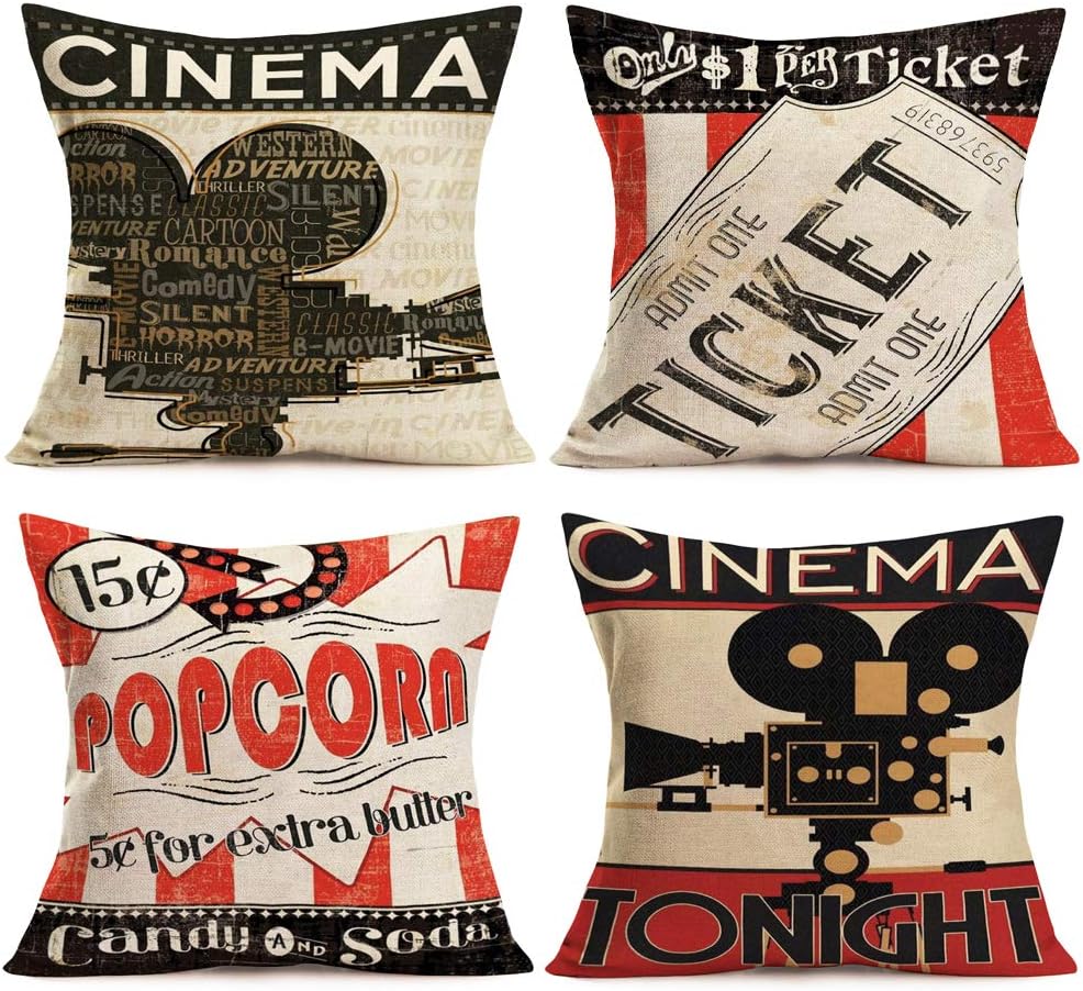 Home Cinema Tickets - Vintage Cinema Decorative Pillow Covers with